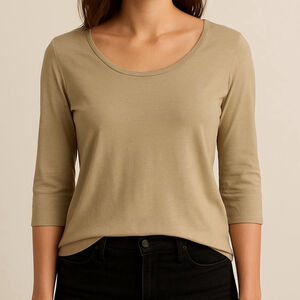 MAXMARA scoop neck 3/4 sleeve jersey knit top fitted scoop neck beige medium